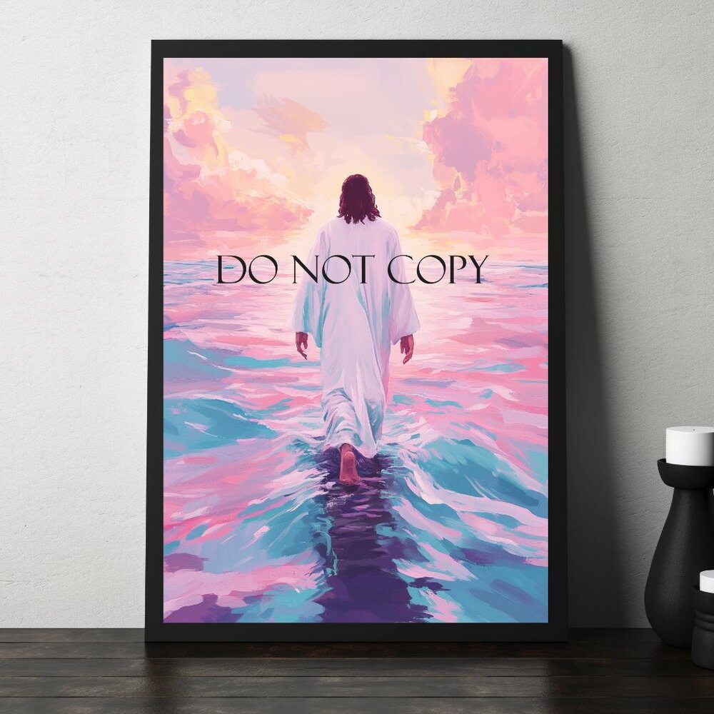 Jesus Walking on Water – 11x17 Framed Art Print in Pink & Purple – Inspirational